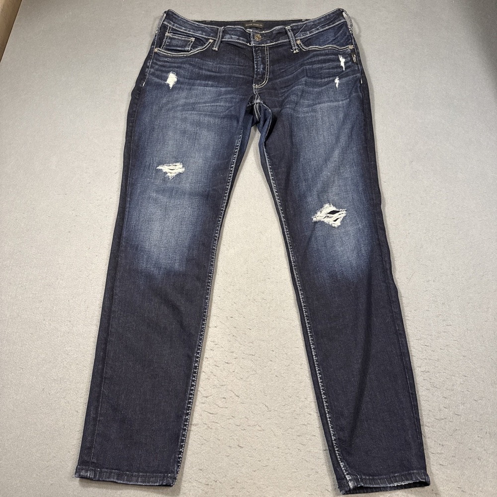 Silver Jeans Co Boyfriend Jeans Womens 32x29 Blue Distressed Stretch DARK WASH - Picture 2 of 8